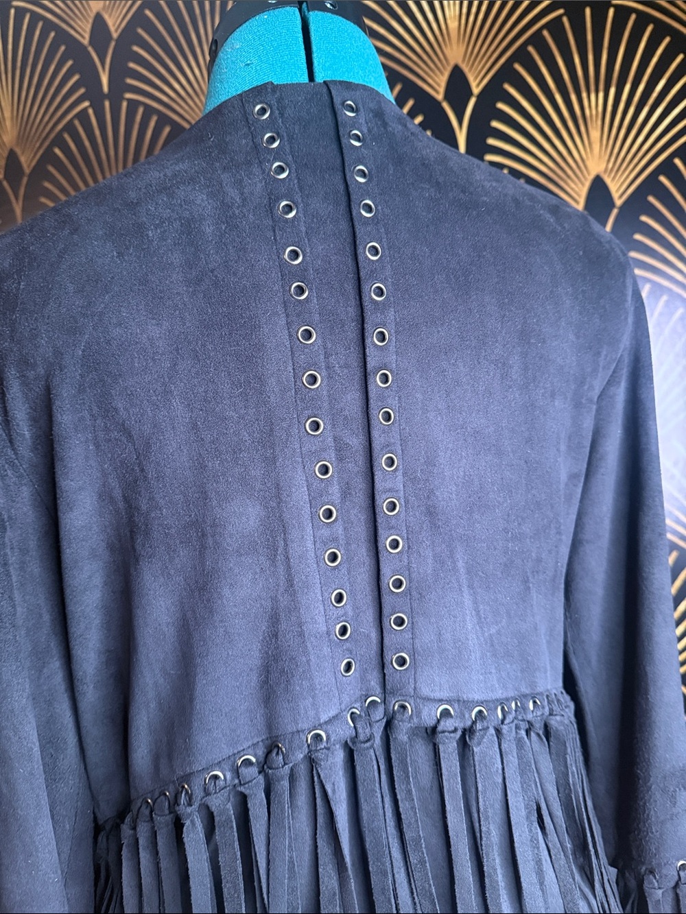 Black Faux Suede Grommet Fringe Open-Front Jacket - Picture 3 of 11